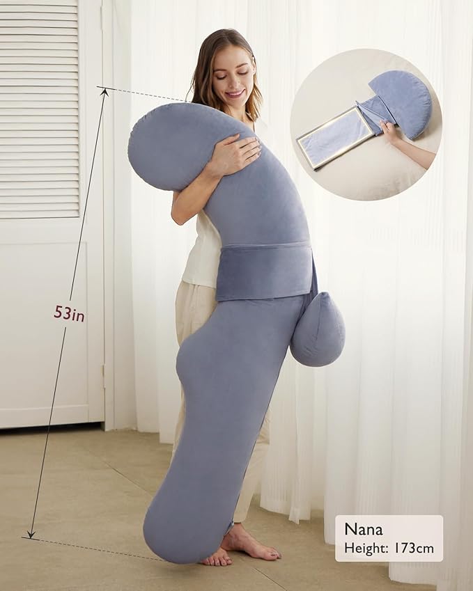 Momcozy Pregnancy Pillow, Original F Shaped Maternity Pillow for Pregnant Women with Adjustable Wedge Pillow, Full Body Support Pregnancy Pillows for Side Sleeping with Velvet Cover, Grey