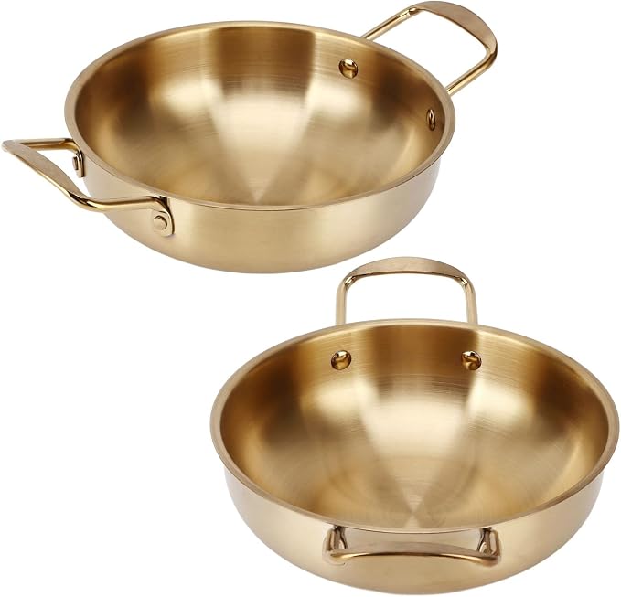 BestAlice Economy Mixing Bowl Gold Korean Ramen Noodle Pot with Handles Stainless Steel Everyday Pan Portable Kitchen Cooking Pot for Household(inner diameter 20cm)