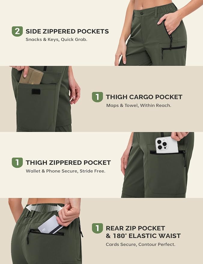 Cycorld Women's-Hiking-Pants-Convertible Quick-Dry-Stretch-Lightweight Zip-Off Outdoor Pants with 5 Deep Pockets