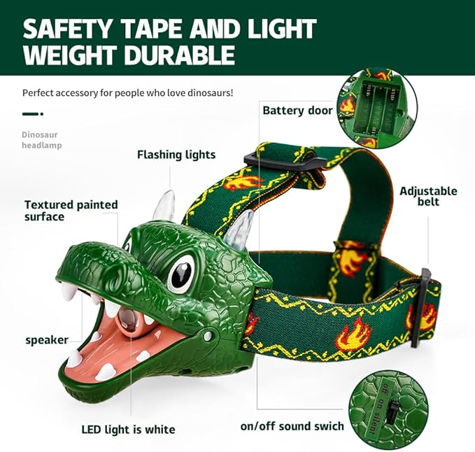 LED Dinosaur Headlamp for Kids, Children's Toy Flashlight Dinosaur Toys for Age 3 4 5 6 7 8 9 Years Old Kids, Camping Hiking Gear for Boys Girls