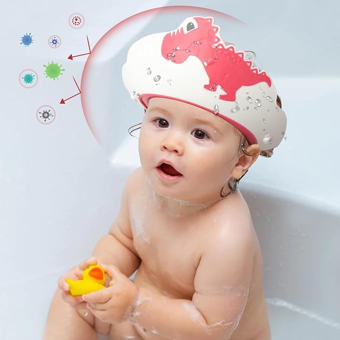 FUNUPUP Baby Shower Cap for Kids, Baby Bath Shampoo Visor Cap Hair Washing Shield Adjustable Silicone Bath Hat for Toddler Girls and Boys (Dinosaur,Red)