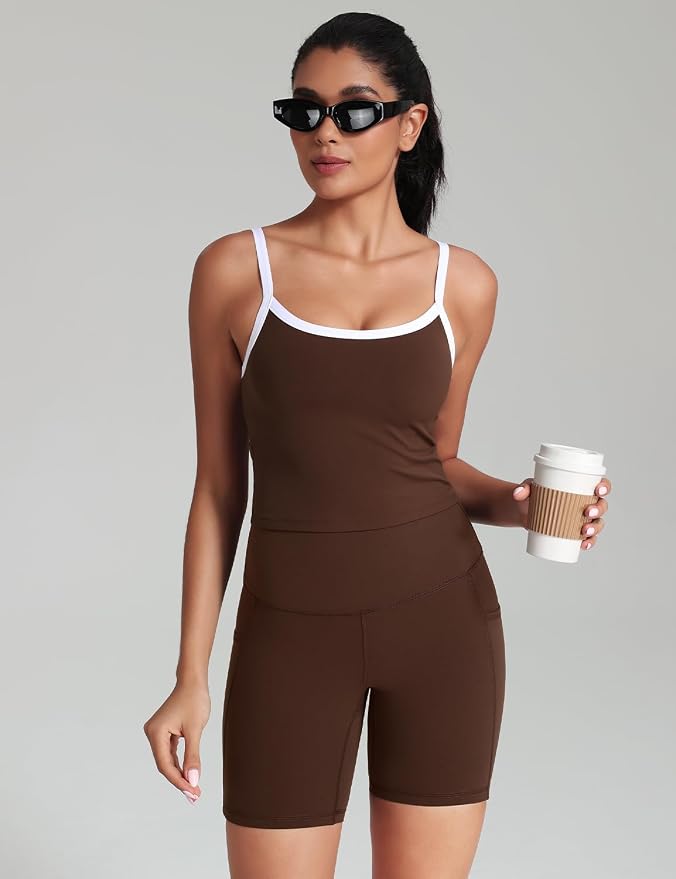 HeyNuts Vintage Color-Block Strappy Crop Tank Top for Womens, Cute Contrasting Trim Yoga Longline Sports Bras Padded A-D Cups