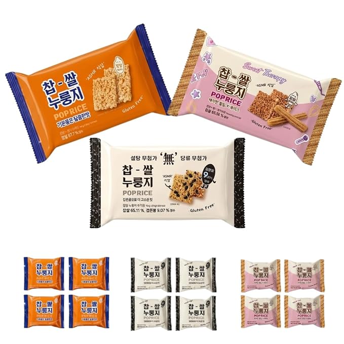 Korean Crunchy Baked Seaweed Rice Crackers (3Flavor Mix Pop Rice 10.4oz) | Crunchy baked korean crackers & pop rice; alternative to japanese rice crackers; traditional crispy nurungji snack packs