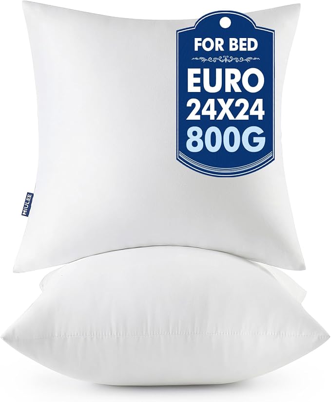 MIULEE 24x24 Euro Pillow Inserts 2 Pack, Throw Pillows for Couch Bed | 100% Virgin Filling, Decorative Pillows, Full and Fluffy, Lumbar, Back and Neck Support