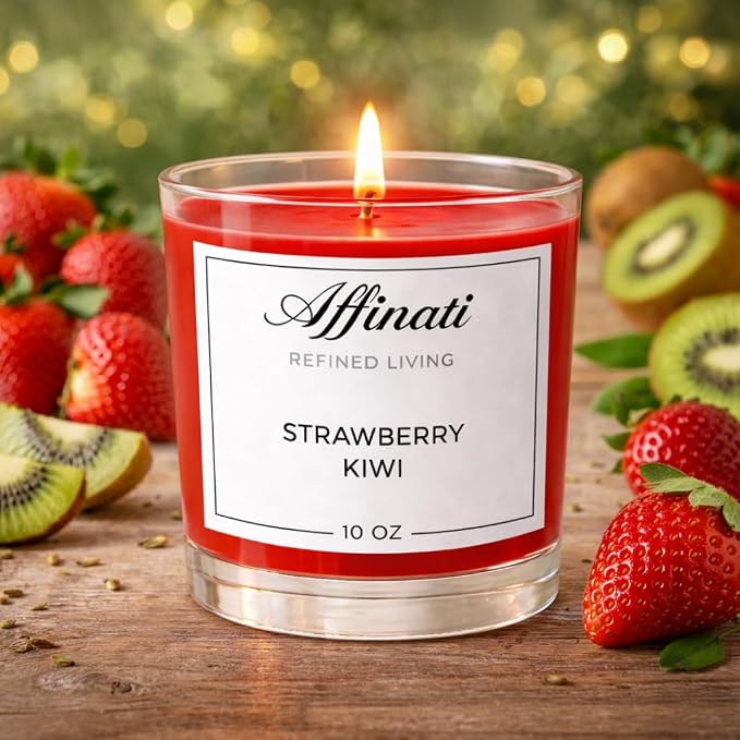 Strawberry Kiwi Affinati 10 oz Scented Candle for Home – Long Lasting Fruity Soy Blend Candle with Wooden Wick, Strong Scent Throw Glass Jar Candles, Premium Clean Burning Aromatherapy Gifts