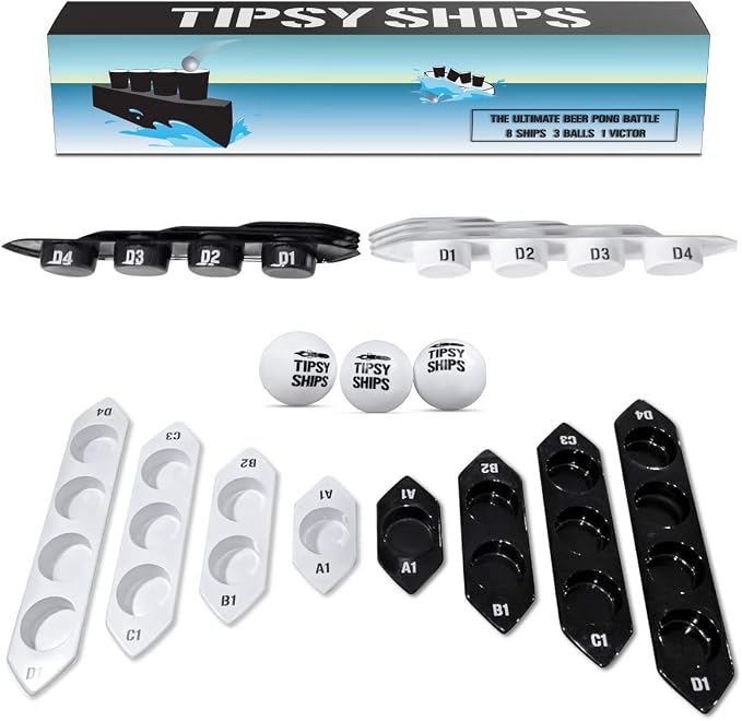 Tipsy Ships Beer Pong Set V2 - The Ultimate Battle Pong Party Game - 8 Ship Trays, 3 Ping Pong Balls Included. Fits Any Standard Plastic Cup, Battle on Any Table!