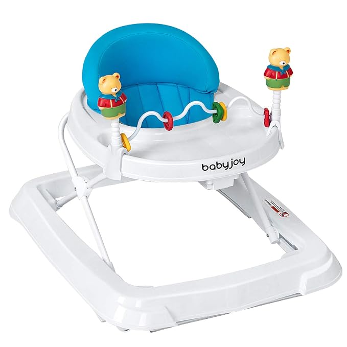 BABY JOY Baby Walker, Foldable Activity Walker with Adjustable Height, Large Tray & Removable Toys, Baby Walker with Wheels for Boys Girls 6-18 Months (Blue)