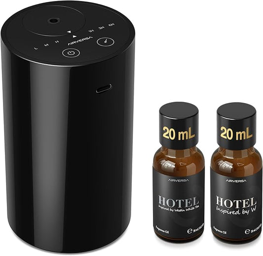 Airversa AN8 Waterless Essential Oil Diffuser Starter Kit, Black | 2X20 mL W+WST Hotel Scent Fragrance Oil, Up to 600 sq ft, Battery Operated, Portable for Home Car Office, AN8Kit-2x20-W