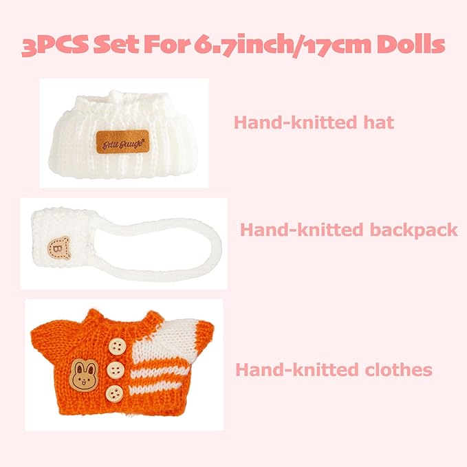 Clothes for 17cm Doll Clothes Set for 17cm Doll, Crochet 3 Piece Set Hat Clothes Backpack for Dolls, Stylish Adorable Dolls Clothes Accessories (No Doll) (Orange)