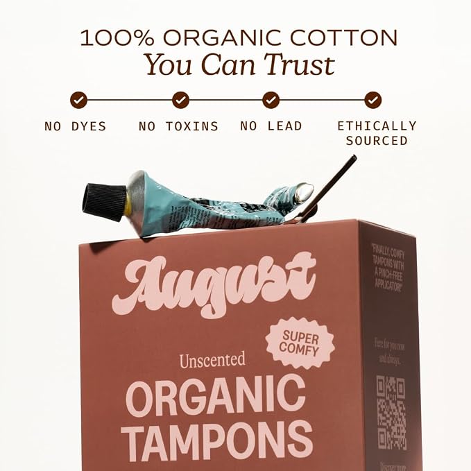 August Super Tampons - Easy-Glide Long Applicators - 72-Pack 100% Organic Cotton Tampons for Women, Non-Toxic, Fragrance-Free, and Hypoallergenic (3 Boxes of 24)