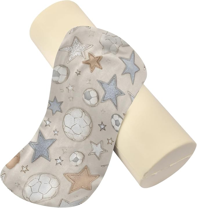 Light Beige Stars Footballs Neck Roll Pillow Bolster Round Health Memory Foam Long Cervical Cylinder Pillows with Removable Washable Cover for Body Bed Legs Back Yoga