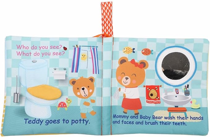 bebe mondo Teddy Bear Tummy Time Toy with Mirror, Soft Crinkle Books for Babies 0-3-6-12 Months, Infant Sensory Toy, Baby Mirror Toy,Touch and Feel Cloth Easter Gift for Newborns,1-2 Year Old-Morning