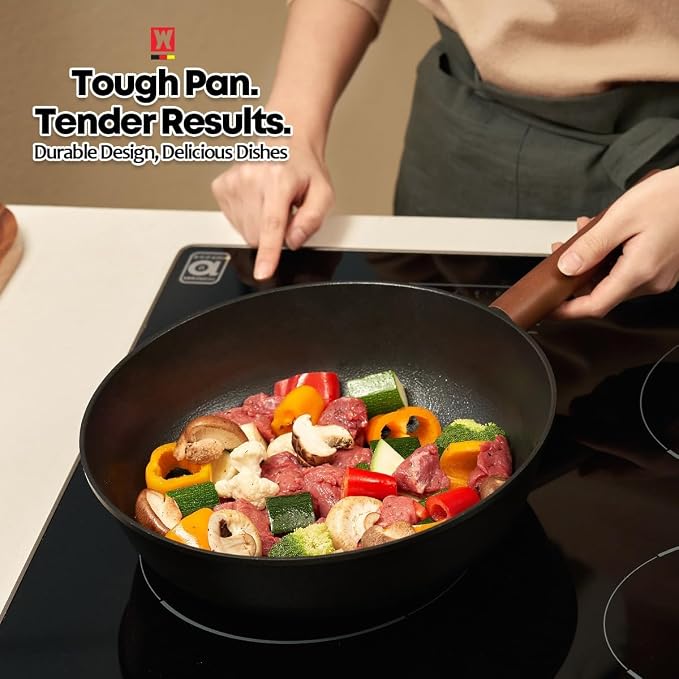 Wagensteiger Aluminum Body Flat Bottom Wok, Restaurant & Business Grade Fry Pan Titanium Coated Non-Stick Surface, Wooden Handle, Made in Korea, Deep Large Skillet, Black(17.91"L x 11.22"W x 3.15"H)