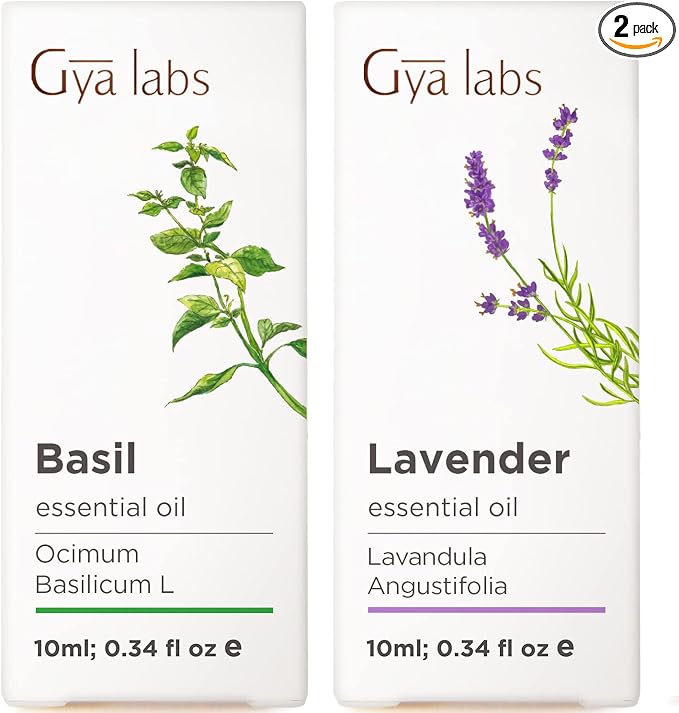 Basil & Lavender Essential Oil for Diffuser Set - Aromatherapy Grade Essential Oils Set - 2x0.34 fl oz - Gya Labs