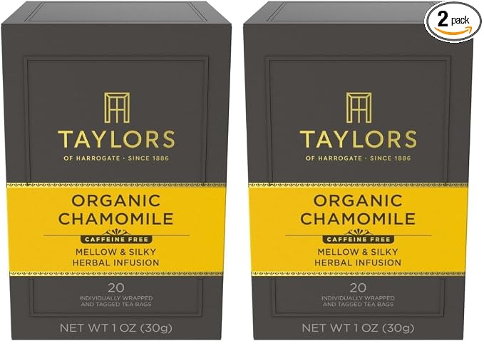 Taylors of Harrogate Organic Chamomile Herbal Tea, Individually Wrapped Bags, Mellow, Silky & Soft, Caffeine-Free, Enjoy Hot or Iced, 20 Teabags (Pack of 2)