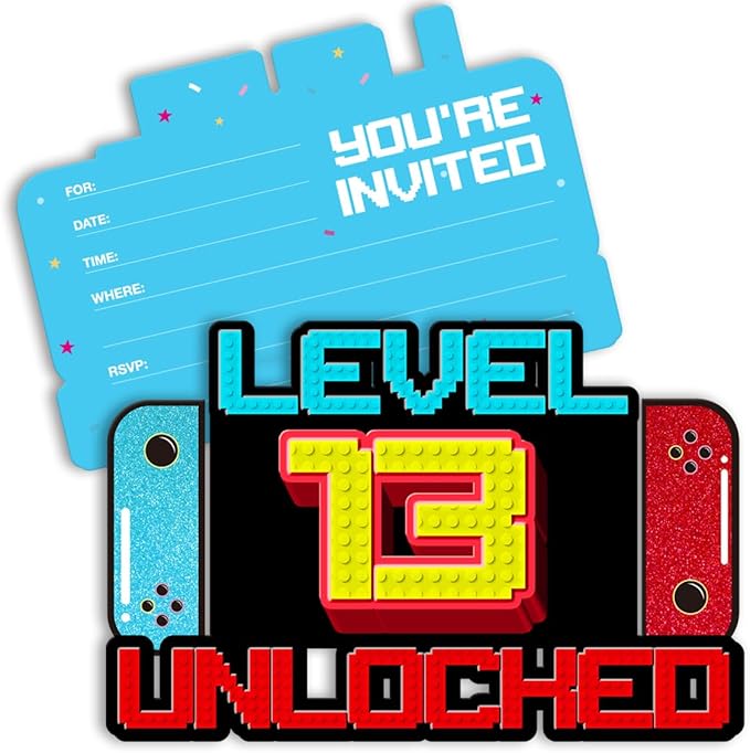 Video Game 13th Birthday Invitations Glitter Video Game 13 Year Old Boys Birthday Party Shaped Invitations with Envelopes, 20 Count
