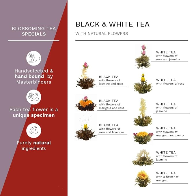 Creano Flowering Tea Abloom Tea - Blooming Tea Gift Set in Stylish Wooden Tea Box - 12 Pieces, Mix of White & Black Tea a gift for christmas