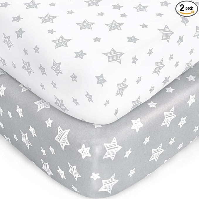 Crib Sheets for Boys or Girls 2 Pack, Fitted Crib Sheet for Standard Size Crib and Toddler Mattresses, Soft and Breathable Material, Grey & White