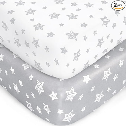 Crib Sheets for Boys or Girls 2 Pack, Fitted Crib Sheet for Standard Size Crib and Toddler Mattresses, Soft and Breathable Material, Grey & White