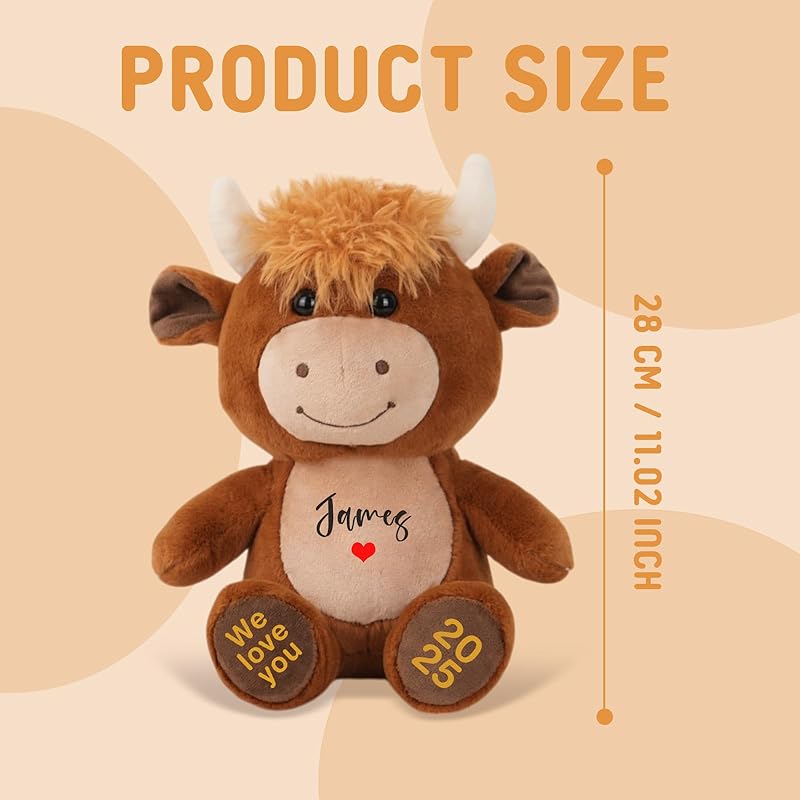 Personalized Highland Cow Stuffed Animal, Farm Cattle Plushie with Custom Name Date Message, Cute Scottish Highland Cows Gift for Baby Kids Adults Women (Brown Cow, 11 Inch)
