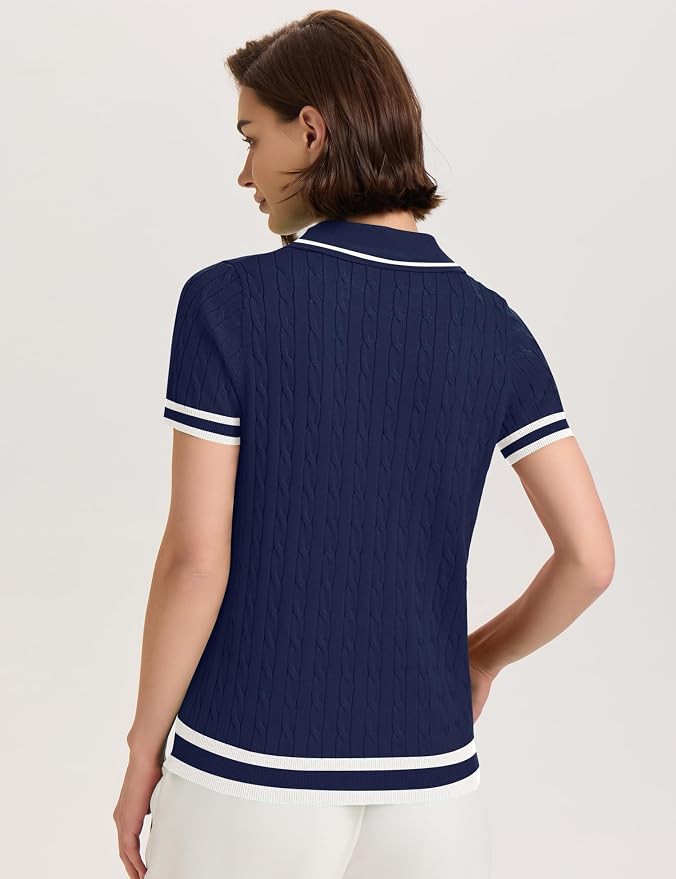 Micoson Womens Short Sleeve Sweater Tops Lapel V Neck Polo Shirts 2026 | Summer Cable Knit Loose Blouses, Business Casual Outfits