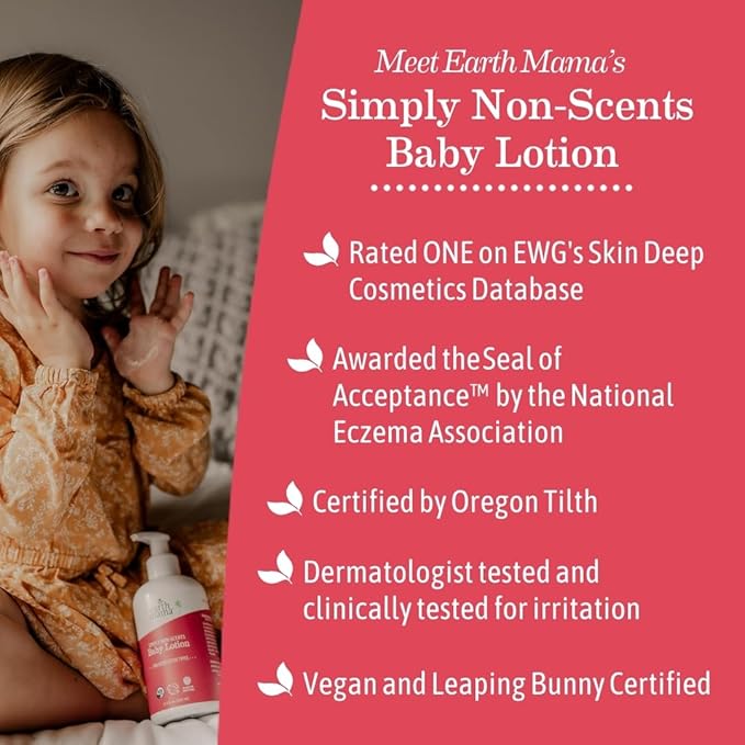 Earth Mama Simply Non-Scents Baby Lotion for Dry Skin, Calendula Cream for Newborn Skin Care, Organic Moisturizer for Children with Aloe Juice, Rooibos, & Shea Butter, Fragrance Free, 8-Fl oz (2-Pk)