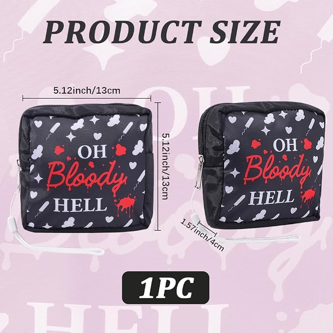 Black Period Bag Pouch Sanitary Napkin Storage Bag Oh Bloody Hell Pad Pouch Portable Waterproof Feminine Products Travel Storage Organizer First Period Gifts for Women Ladies Daily Use