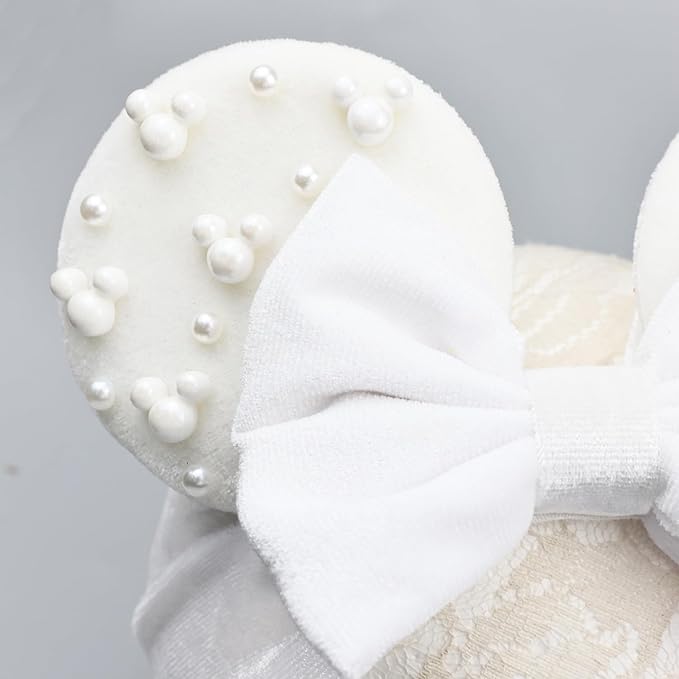 JIAHANG White Velvet Mouse Ears Turban Headwrap with Beads, Wide Hair Bow Headband for Baby Girls, Infants, Toddler, Kids, Party Supplie