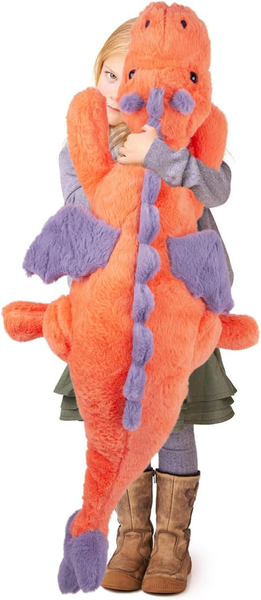 ARELUX Large 37in Cute Dragon Stuffed Animals Plush Toy Soft Orange Pterosaur Plushie Giant Fuzzy Dinosaur Pillow Plushies with Blue Wings Cuddly for Friends Family Member