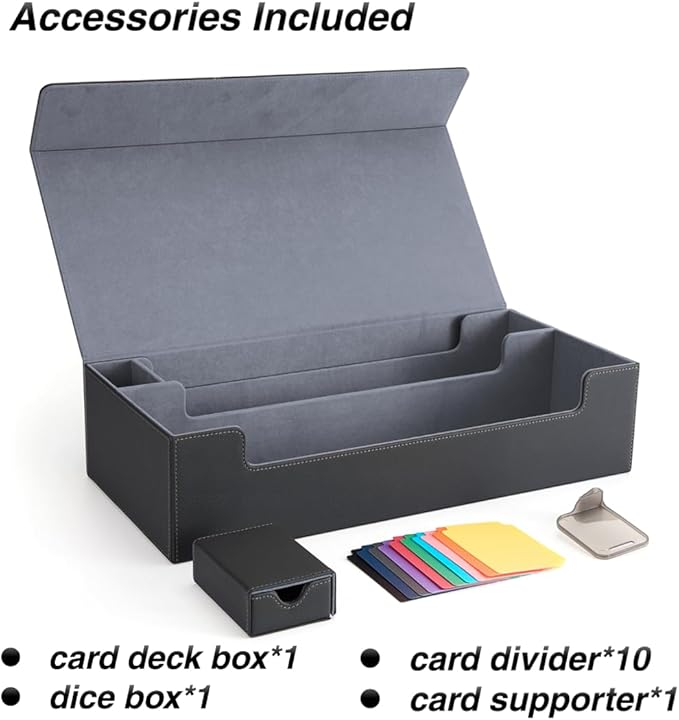 Venssu MTG Deck Box Holds 5 Display Card Deck Boxes with Playmat and Dice Box,Includes 10 colorful dividers and 1 card supporter, Trading Card Storage Box For Magic Game Cards (Black and Grey)