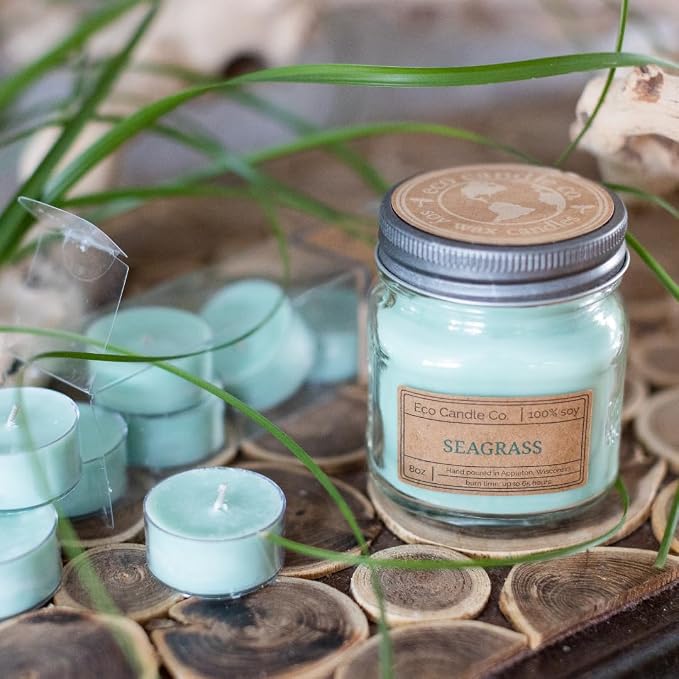 Eco Candle Co. Seagrass Tea Light Candles, 10-Pack, 9 Hr Burn Time | Scents of Coconut, Jasmine, Eucalyptus, Vetiver, Driftwood, & Seaweed - Recyclable, No Lead, Hand Poured, Midwest Soybeans
