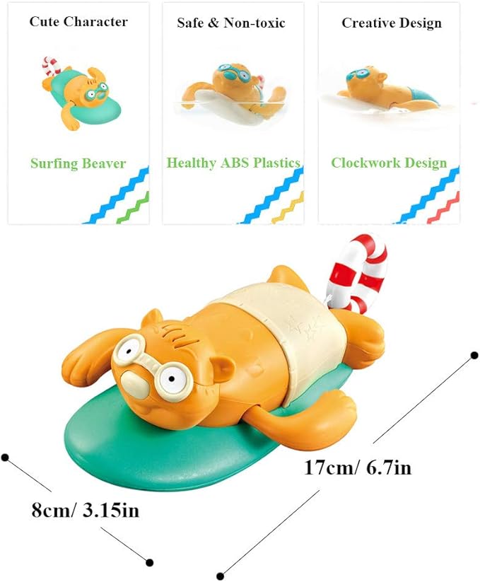 Pull String Baby Bath Toy Pull & Go Cute Surfing Beaver Swimming Windup Clockwork Bathtub Toy for Toddlers (Beige)