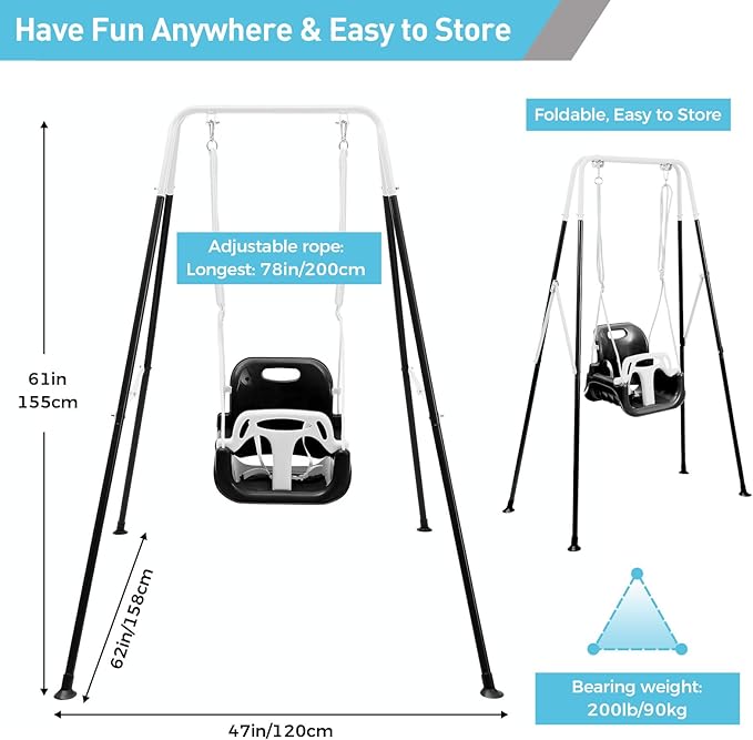FUNLIO 3-in-1 Toddler Swing Set with 4 Sandbags, Indoor/Outdoor Baby Swing with Foldable Metal Stand, Kids Swing Set for Backyard, Clear Instructions, Easy to Assemble & Store - Black