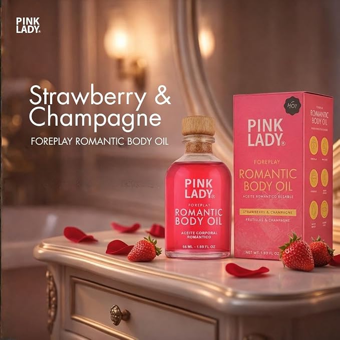 Romantic Body Oil Strawberry and Champagne - 1.90 fl oz / 56 ml - Kissable Warming Body Treat for Foreplay Fun, Water Based