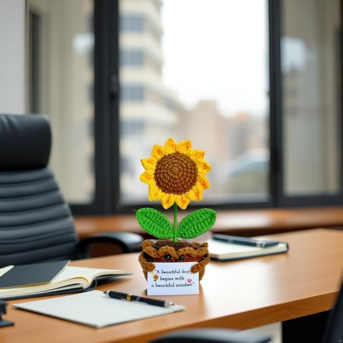 Handmade Sunflower Crochet Plush with Encouragement Card – Emotional Support & Appreciation Present for Women, Coworker, Teacher – Positive Office Desk Decoration, Thank You Gifts