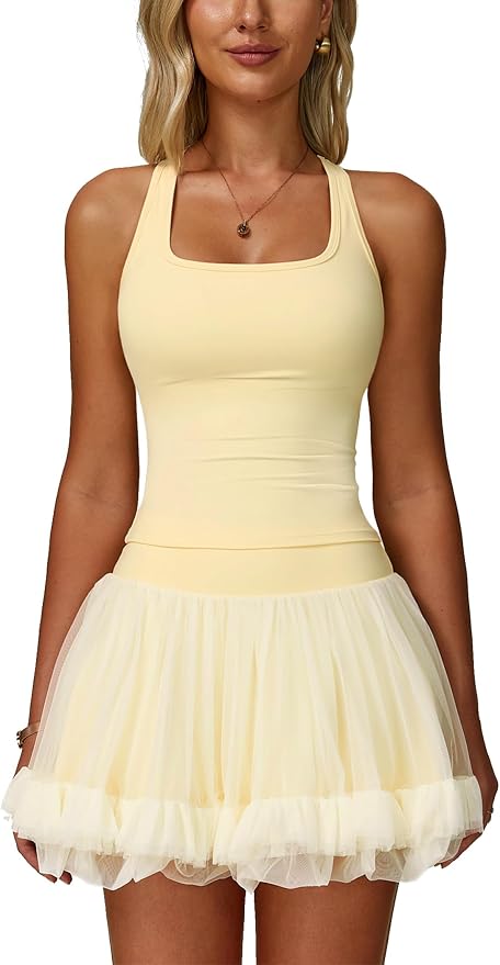 ABOCIW 2 Piece Tennis Dresses for Women Side Slit Mini Skirt Set Racerback Workout Crop Tank Top Golf Outfits