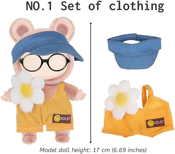 ebuddy 6 Sets 17cm Plush Dolls Clothes - Dress Up Doll Clothing Set Replacement Outfit Collection with Hats & Accessories (No Doll No Glasses)
