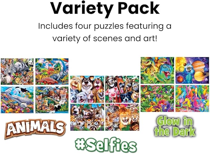 MasterPieces – Jigsaw Puzzle Set for Kids 6+ Years, 4-Pack of 100 Pieces, Educational and Fun Game, Silly Animals Collection, Gift Idea for Children, 8" x 10"