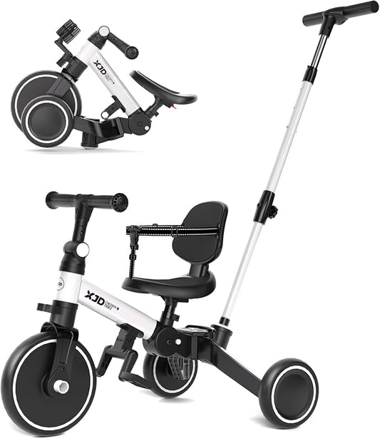 XJD Toddler Bike, 6 in 1 Folding Toddler Tricycle for 1-4 Year Old with Parental Control Handle, Balance Bike with Removable Pedal, Backrest, Adjustable Seat, First Birthday Gifts (White)