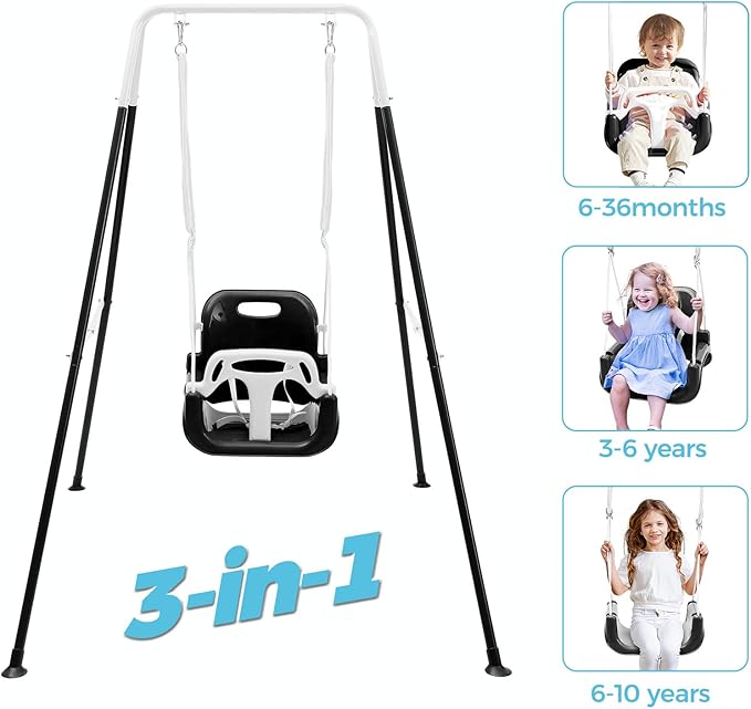FUNLIO 3-in-1 Toddler Swing Set with 4 Sandbags, Indoor/Outdoor Baby Swing with Foldable Metal Stand, Kids Swing Set for Backyard, Clear Instructions, Easy to Assemble & Store - Black