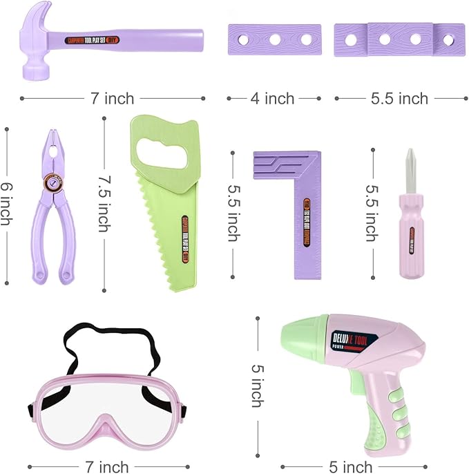 Pink Kids Tool Set (18 PCS) Pretend Play Construction Kit with Tool Box & Manual Drill