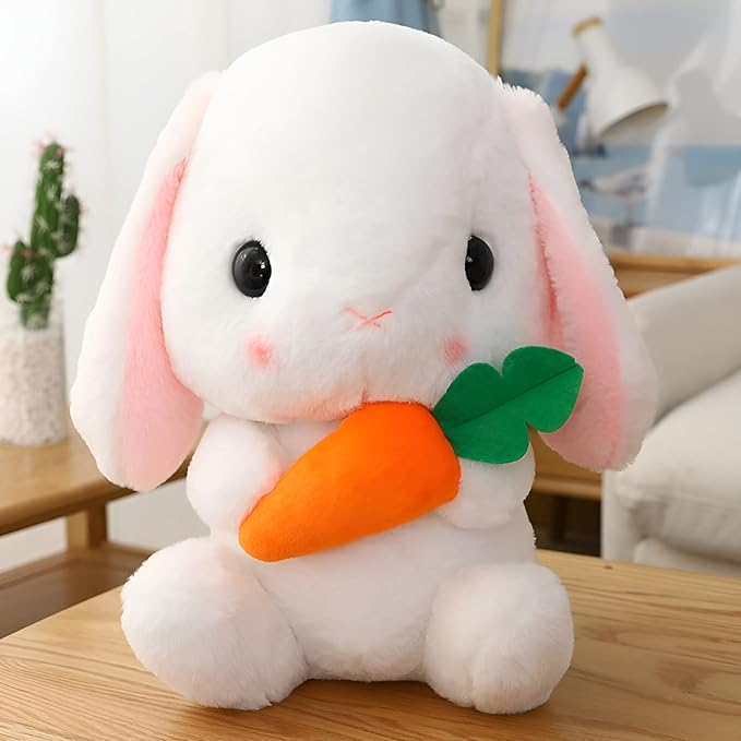 HOUPU Soft Toy - Sitting Lop Eared Rabbit, Easter White Rabbit Stuffed Bunny Animal with Carrot Soft Lovely Realistic Long-Eared Standing Pink Plush Toys (White-Carrot,25.5in/65cm)