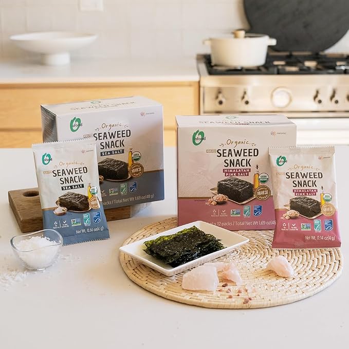 Roasted Seaweed Snack [Sea Salt | Pack of 12] Crispy Korean Laver Sheets | Vegan | Gluten-Free Nori | Low-Calorie | Perfect for Sushi, Rice Bowls, Snacks, Lunchboxes, Picnics, Plant-Based Korean Seaweed Chips - O’food