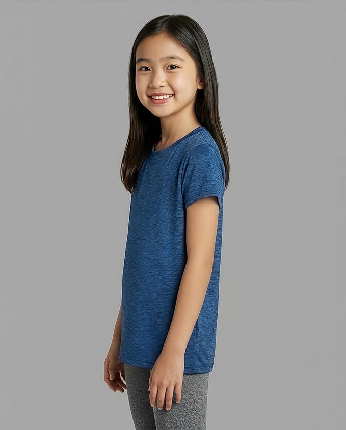 Real Essentials 5 Pack: Girls' Short Sleeve Dry-Fit Athletic T-Shirt - Active Gym Crew Neck Tops for Teens Kids (Ages 4-16)