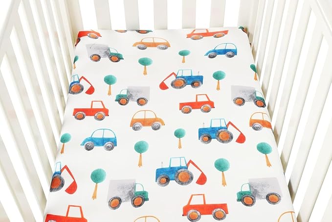 Pack n Play Sheet Stretchy Fitted Portable Mini Crib Sheets Set 2 Pack,Playard Sheets Convertible Playard Mattress Cover,Ultra Soft Jersey Material, Rocket & Car