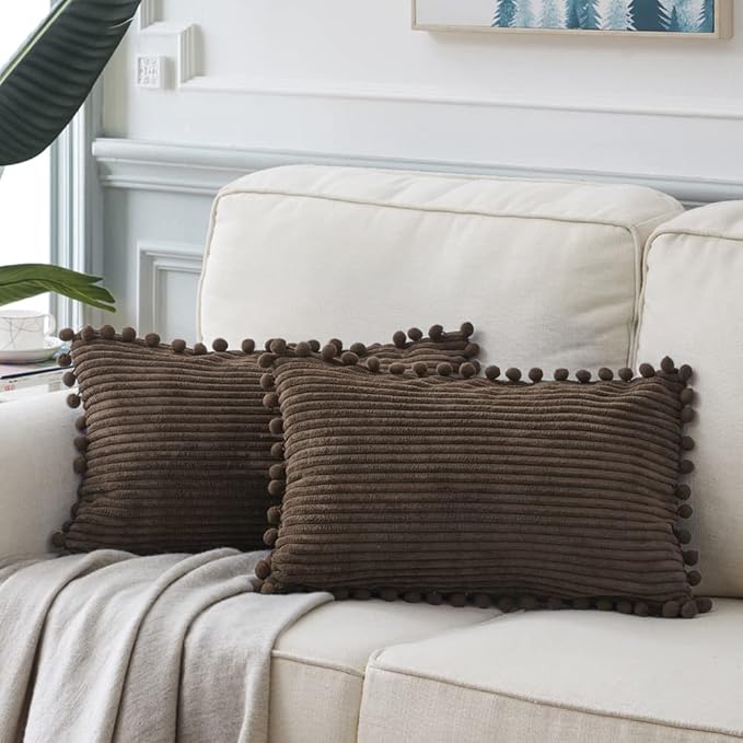 Fancy Homi 2 Pack Dark Brown Lumbar Decorative Throw Pillow Covers 12x20 Inch with Pom-poms for Couch Bedroom, Soft Corduroy Solid Rectangle Cushion Case 30x50 cm, Farmhouse Boho Home Decor