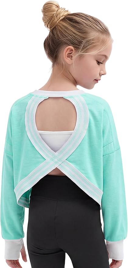 Gogokids Girls Shirts Long Sleeve Athletic Shirts Open Back Tops Active Sports Tshirts Yoga Workout Crop Tees 5-14 Years