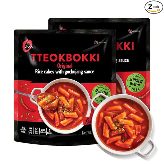 Tteokbokki Korean Rice Cakes – [Original Gochujang | Pack of 2] – Gluten Free | Ready in 3 Minutes | 0 Cholesterol/ 0 Trans Fat | 4 Servings Spicy Street Snack | Healthy/Savory/Spicy - O’food