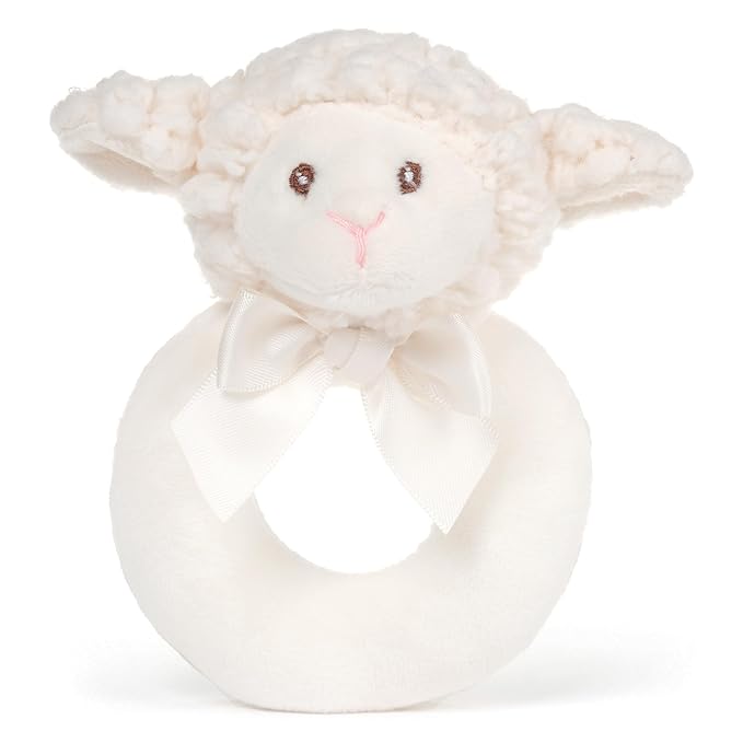 Bearington Baby Lamby, 5.5 Inch Cream Lamb Plush Stuffed Animal, Soft Baby Rattles and Plush Rings - Newborn Toys - Lamb Stuffed Animal
