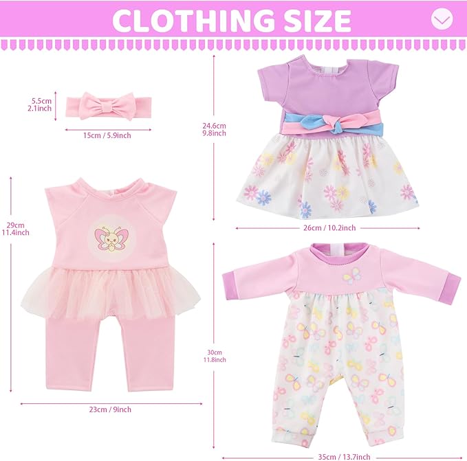 Baby Doll Clothes, 3 Set 18 Inch Doll Girl Clothes and Accessories 4 Pcs Include Jumpsuits Skirt Headband (No Dolls)